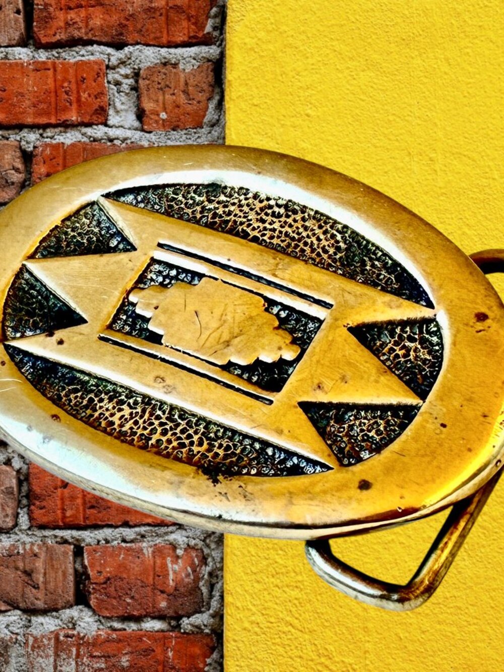 BTS Brass Belt Buckle Native Tribal Aztec Southwestern 70's Vintage Made in USA
